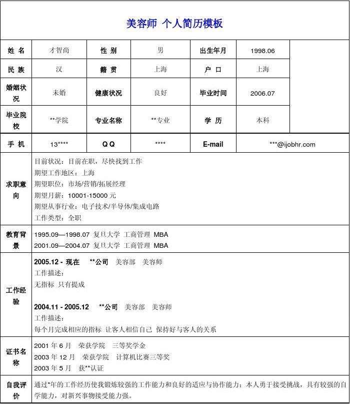 个人简历表下载(手机个人简历电子版)