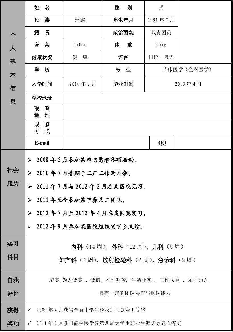 关于毕业生个人简历模板的信息