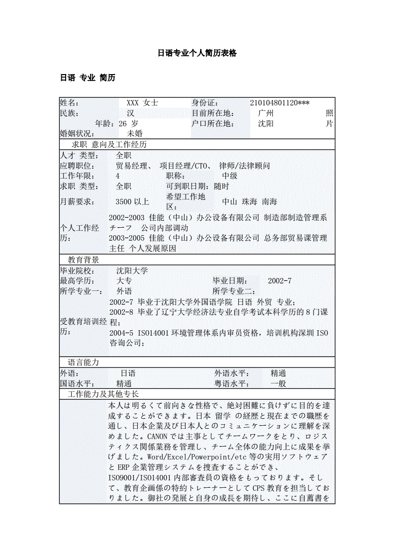日语简历(日语简历翻译)